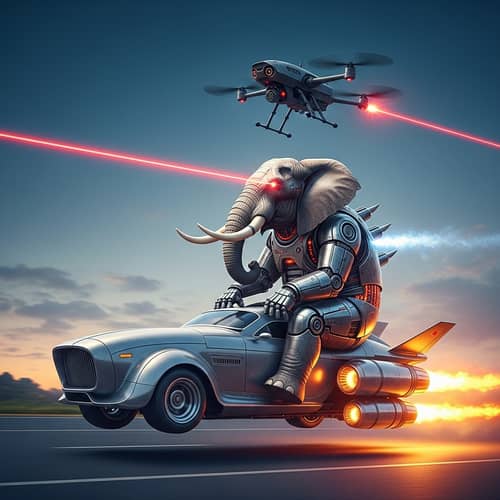 Cyborg Elephant on Rocket Car - Futuristic Scene with Laser Beams