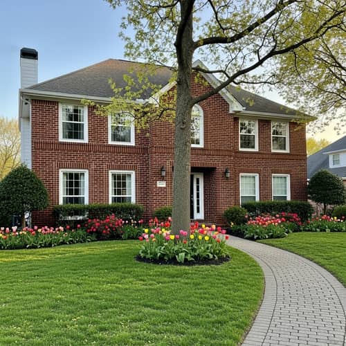 Suburban Two-Story House with Red Brick Exterior and Elegant Landscape