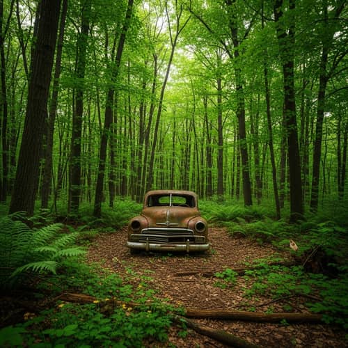 Abandoned Vintage Car in Lush Forest - Captivating Scene
