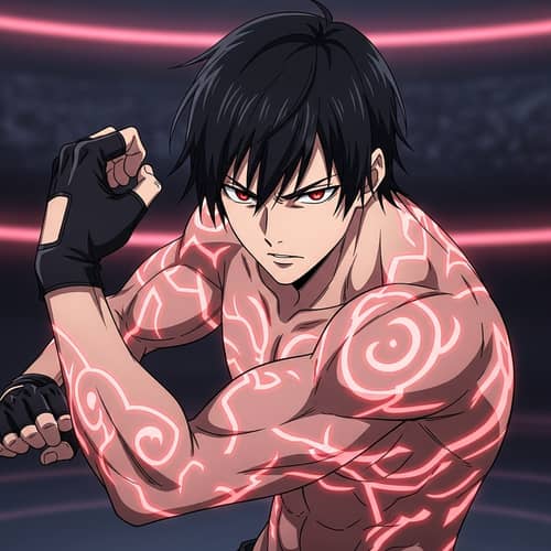 Captivating Anime-Style Illustration of Muscular Man with Red Patterns