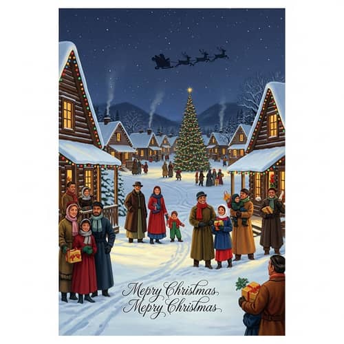 Traditional Christmas Card with Snow-Covered Village Scene