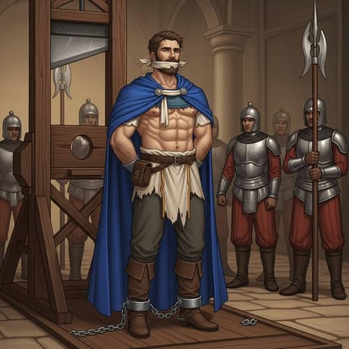Brave Valiant Prince in Royal Blue Cape Facing Execution