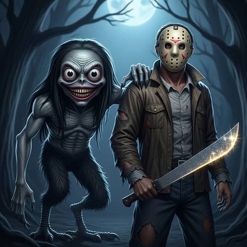 Bone-Chilling Horror Scene with Humanoid Creature and Machete Man
