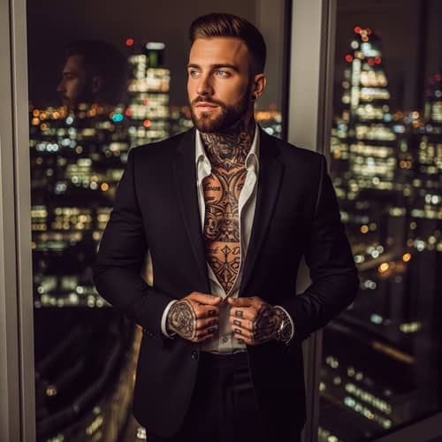 Charismatic Caucasian Male in Black Suit with Intricate Tattoos | Urban Romanticism Portrait
