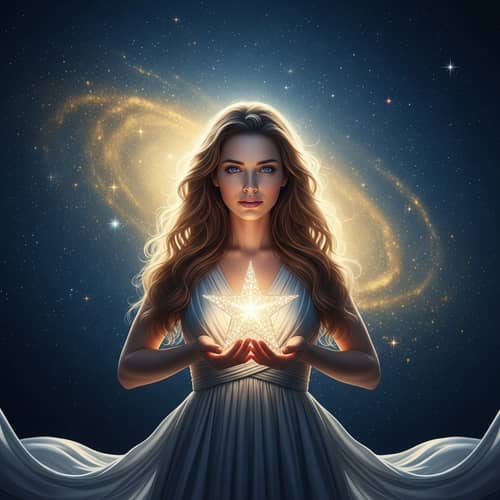 25-Year-Old Blonde Woman with Shimmering Star on Blue Sky Background