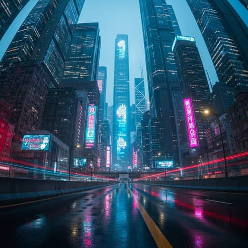 Futuristic Cyberpunk Cityscape at Dusk