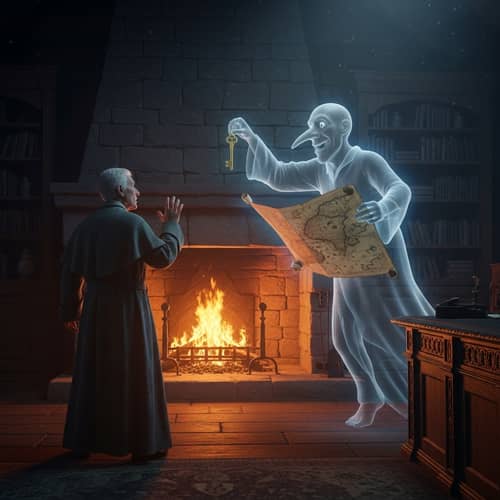 Elderly Man by Fireplace | Mysterious Specter with Golden Key & Map
