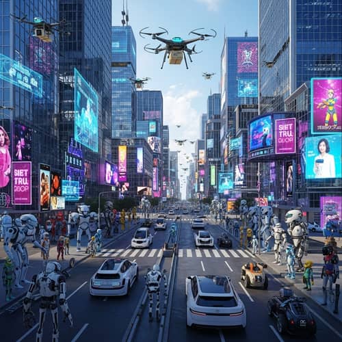 Futuristic Cityscape with Robots: Urban Future Spectacle