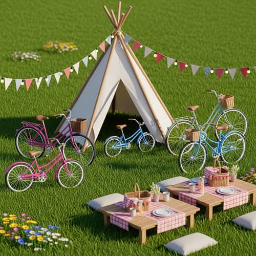 3D Model of Outdoor Scene with Teepee Tent, Bicycles & Decor