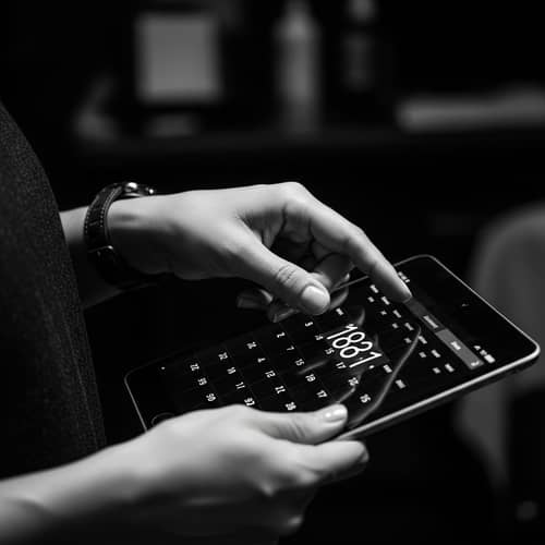 Hispanic Female Barber Crafting Time: Modern Tablet Scene