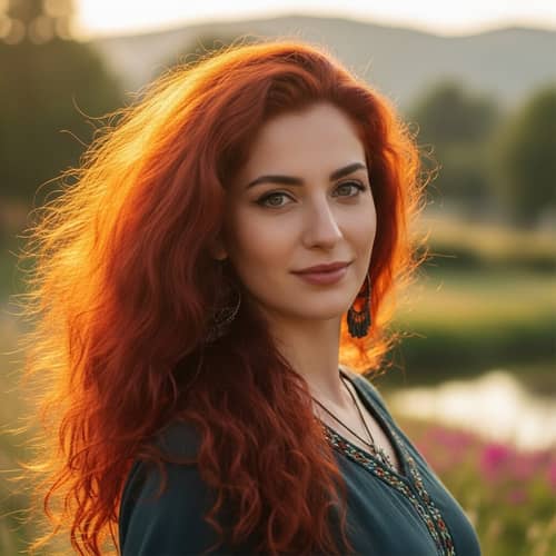 Radiant Middle-Eastern Woman with Flowing Red Hair in Tranquil Garden
