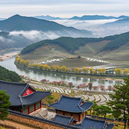 Scenic View of Serene Rivers and Forested Mountains in North Korea