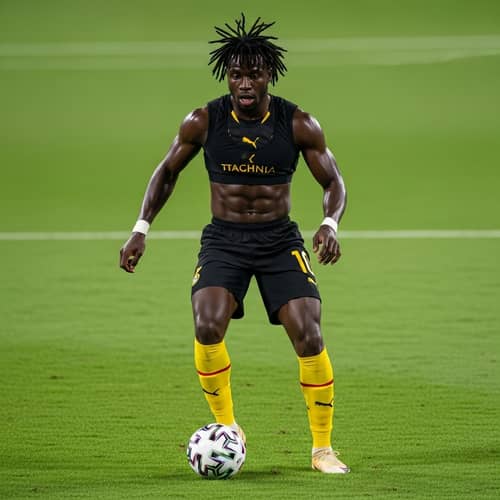 Ghanaian Footballer in Traditional Kit: Expertly Navigating the Field