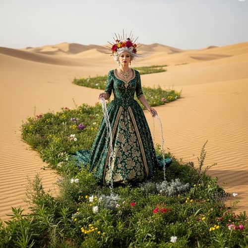 Flourishing Desert: Enchanted Woman Bringing Life to Barren Land