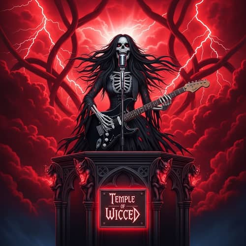 Female Skeleton Preacher Playing Fender Guitar at Temple of Wicced
