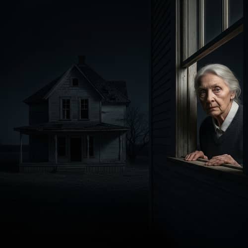Terrifying Elderly Lady Peeking Out of Abandoned House at Night