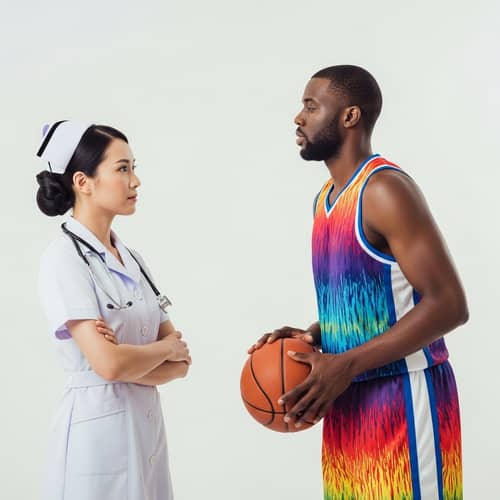 Diverse Encounter: Nurse and Basketball Player's Thoughtful Moment