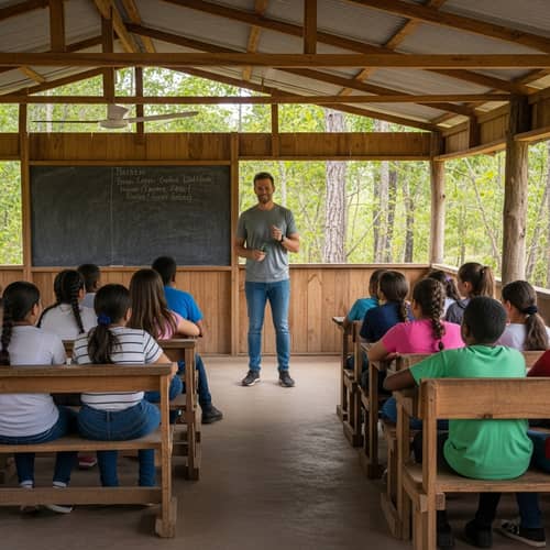 Radiant Male Teacher Inspiring Diverse Rural Classroom