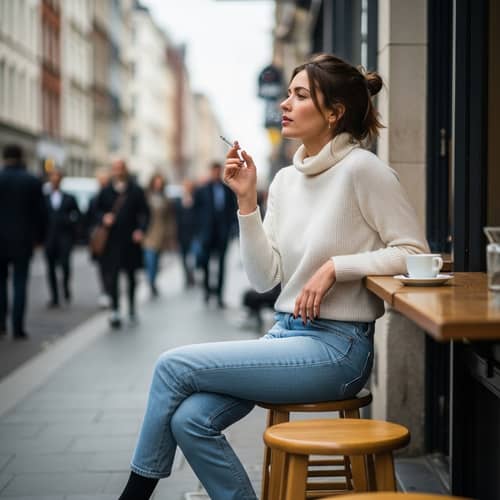 Urban Cafe Scene: Young Woman in Casual Attire