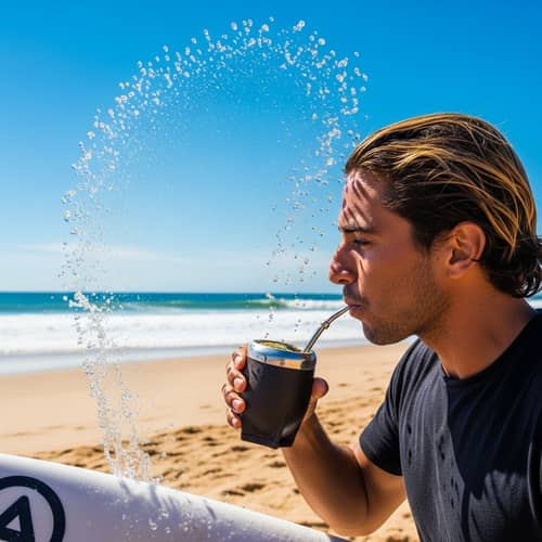 Vibrant Beach Surfer Enjoying Yerba Mate on Sandy Shore