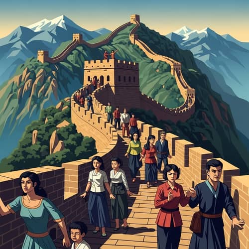 Cubist Great Wall of China Illustration with Diverse Dramatic Figures