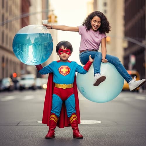 Toddler Superhero with Inflatable 'Diaper' & Teen Girl | Joyful Scene