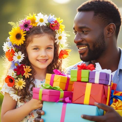Joyful Girl with Flowers and Man with Gifts | Heartwarming Scene