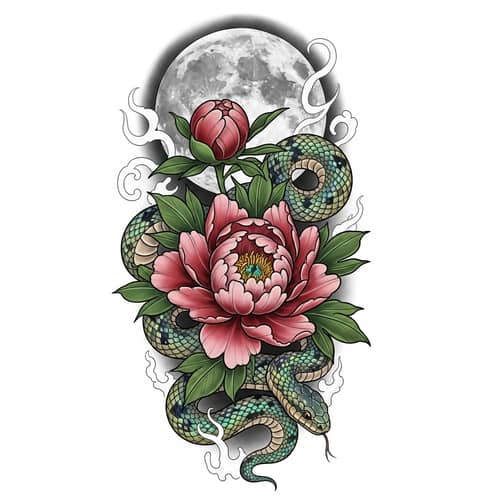 Blooming Peony Flower, Moon, and Snake Tattoo Design