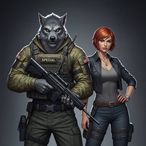 Realistic Werewolf in Military Special Forces Uniform with Woman