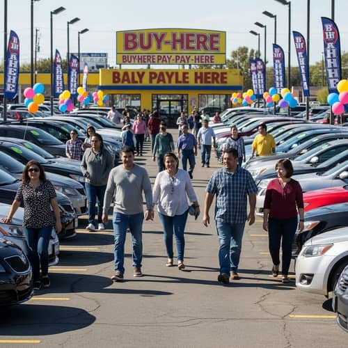 Diverse Car Dealership: Happy Customers, Balloons & Sunshine