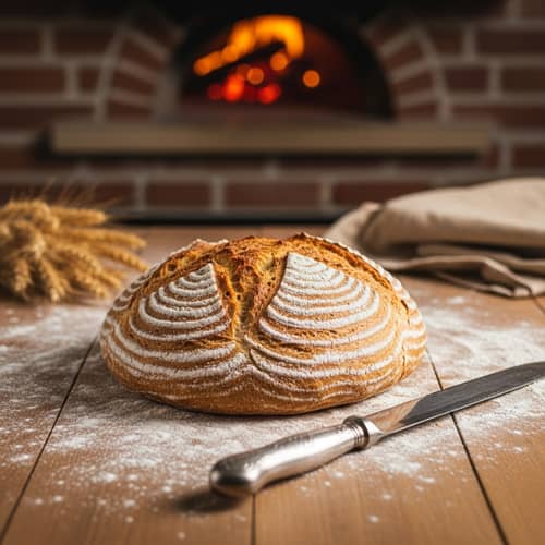 Artisanal Bread: Freshly Baked Golden Loaf on Rustic Table