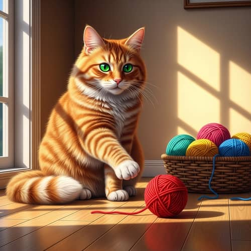 Fluffy Orange Tabby Cat in Sunlit Room with Yarn Balls
