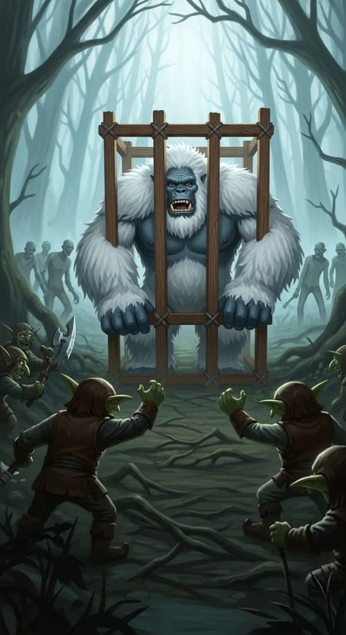 Fantasy World: Captivating Image of Yeti Trapped by Goblins and Looming Zombies