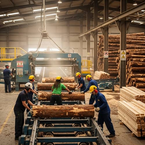 Industrial Sawmill Center with Diverse Workers and Machinery