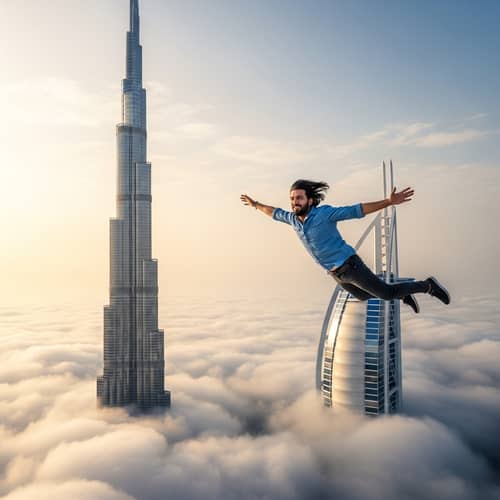 South Asian Man Embracing Vast Sky by Burj Khalifa in Dubai