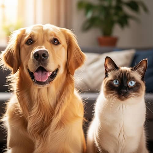 Vibrant Household Pets: Happy Dog and Cat Showing Healthy Lives