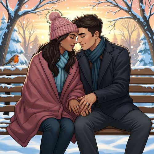 Romantic Outdoor Scene Artwork | Love Kiss Winter Sunset