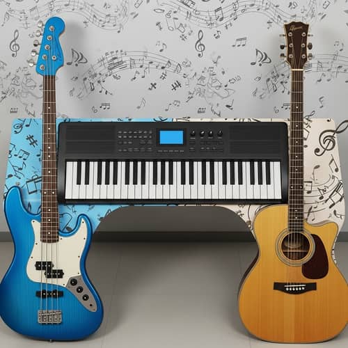 Music-Themed Desk with Keyboard, Bass Guitar, and Acoustic Guitar