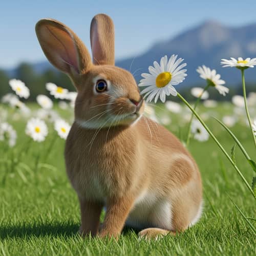 Fluffy Brown Rabbit in Green Meadow - Tranquil Scene
