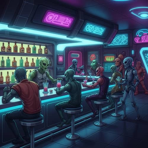 Cosmic Futuristic Bar - Intergalactic Scene with Alien Patrons