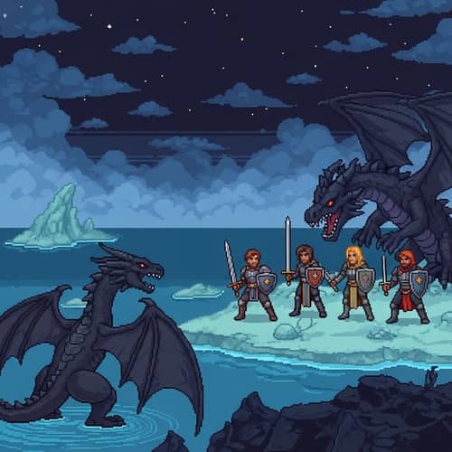Pixel Art Dark Sky Scene with Knights and Black Dragon