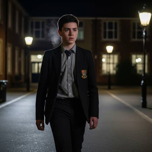 Teenager Attending Night School in Serious Uniform