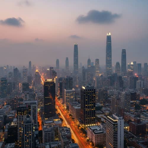 Dusk Cityscape: Elegant Smog Blanket Over Bustling Metropolis