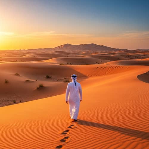 Vibrant Desert Landscape with Solitary Walker at Sunset