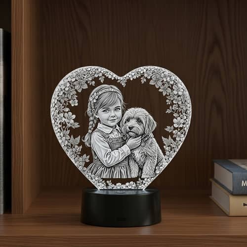 3D Crystal Heart Engraving of Girl & Dog | LED Lighted Base