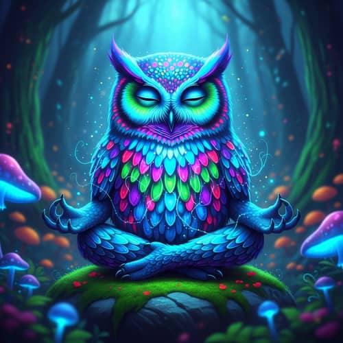 Neon Owl Meditating in Lotus Pose