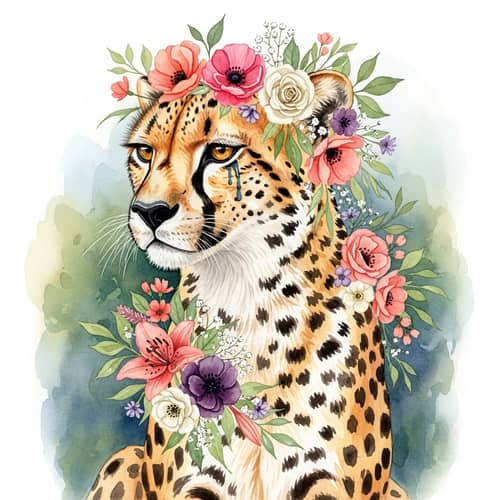 Watercolor Painting of Cheetah with Beautiful Flowers