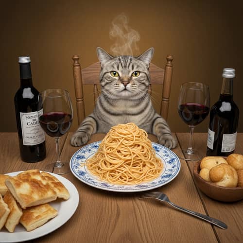 Amusing Cat at Table with Spaghetti | Cute & Funny Image