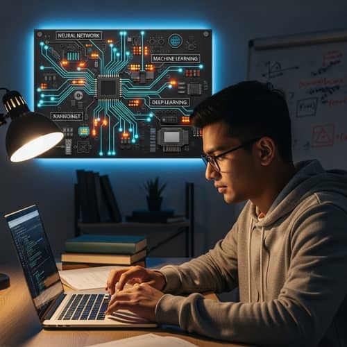 South Asian Male Student Using Computer with AI Board