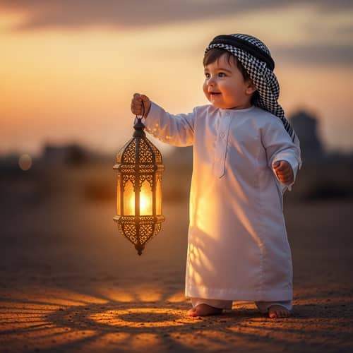 Happy Middle-Eastern Baby Boy Carrying Ramadan Fanos